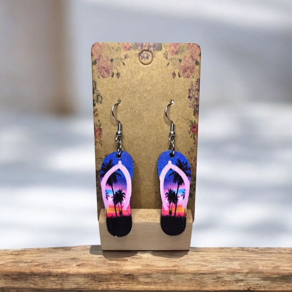 NEW Sunset‎ Wooden Flip Flop Fashion Earrings - Picture 1 of 2